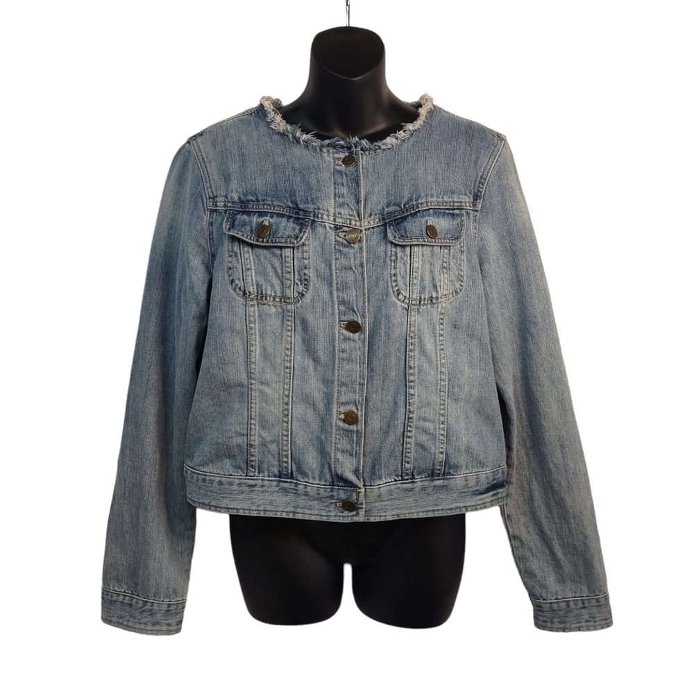 Chaps Women's Blue Raw Neckline Jean Jacket Size L